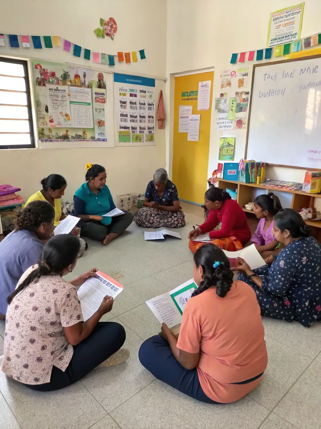 A group of individuals participating in a social integration program, such as a language class or cultural exchange event, in a welcoming and inclusive setting.