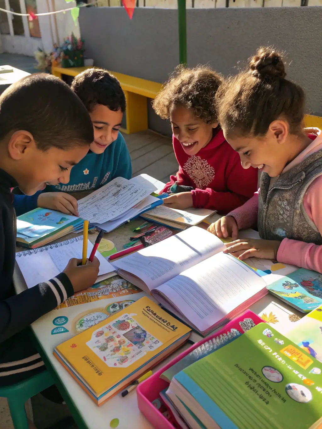A group of children engaged in an educational activity, such as reading or playing an educational game, in a safe and supportive environment.