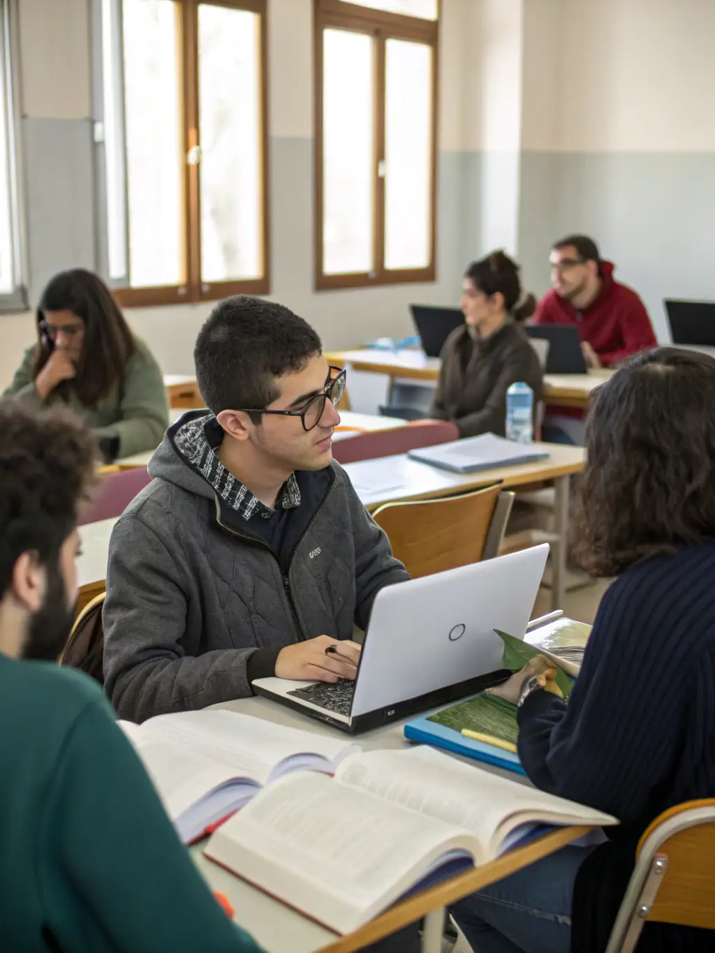 A group of young adults participating in a job skills workshop, focused on resume writing and interview techniques, in a bright and modern classroom setting.