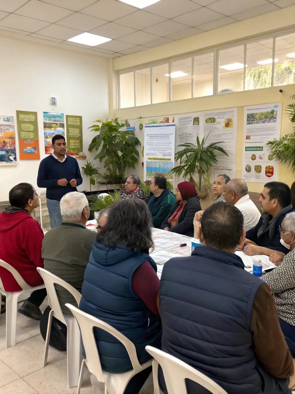 A diverse group of adults participating in a health and wellness seminar, learning about nutrition and stress management techniques, in a community center.