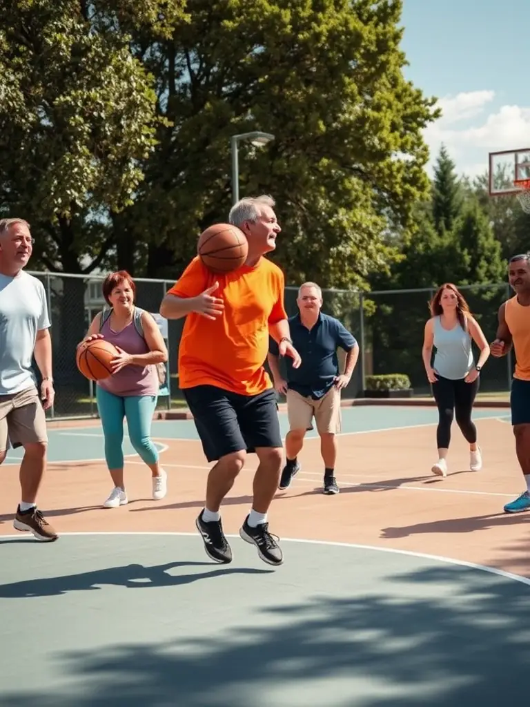 Adults participating in a friendly basketball scrimmage at an OGS event, highlighting the inclusive and community-oriented atmosphere.