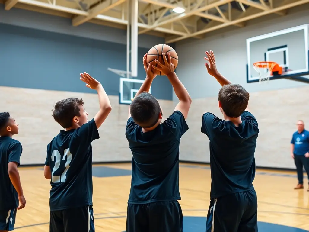 A focused image of a basketball clinic, with participants practicing shooting techniques under the supervision of a skilled instructor.