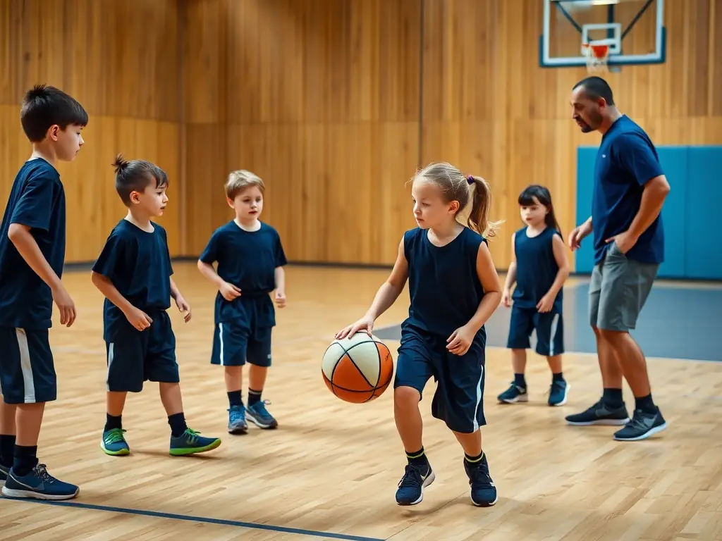 A group of young basketball players participating in a training session, focusing on dribbling skills under the guidance of a coach. The setting is a well-lit indoor basketball court.
