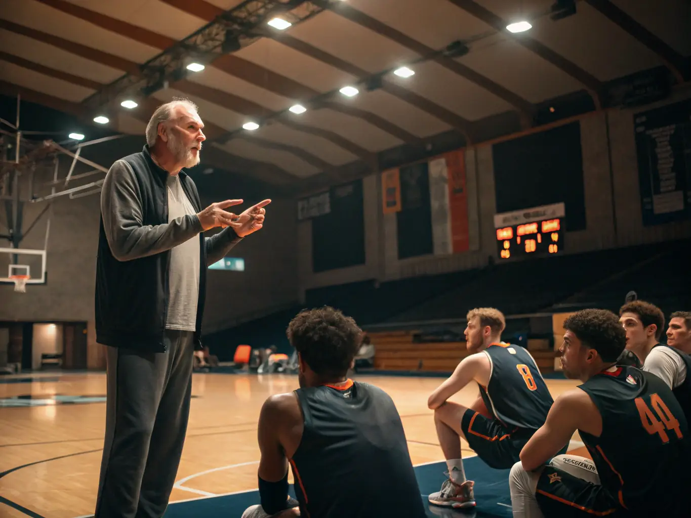 A coach is giving instructions to a group of young basketball players during a practice session at OGS Olympique Grande Synthe, emphasizing the importance of teamwork and communication.