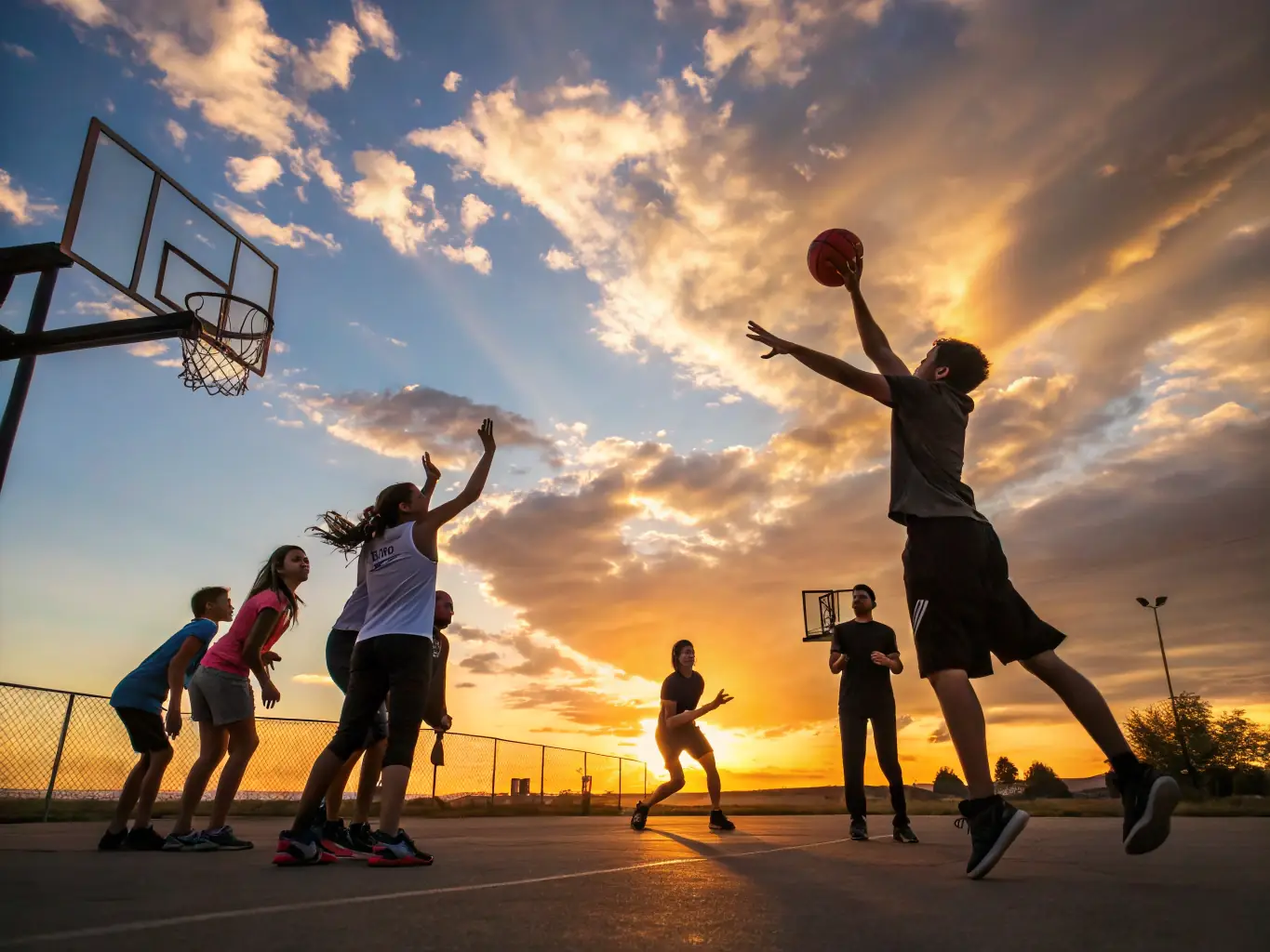 A high-energy scene from a basketball summer camp, showing kids engaged in various drills and activities, with coaches overseeing the training.