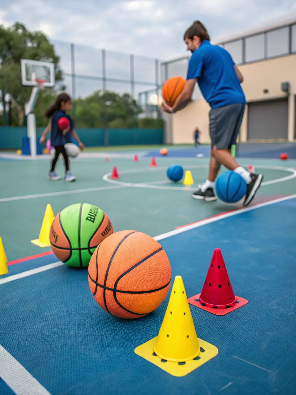 A diverse group of basketball players participating in a specialized skill clinic at OGS, focusing on specific areas of improvement.