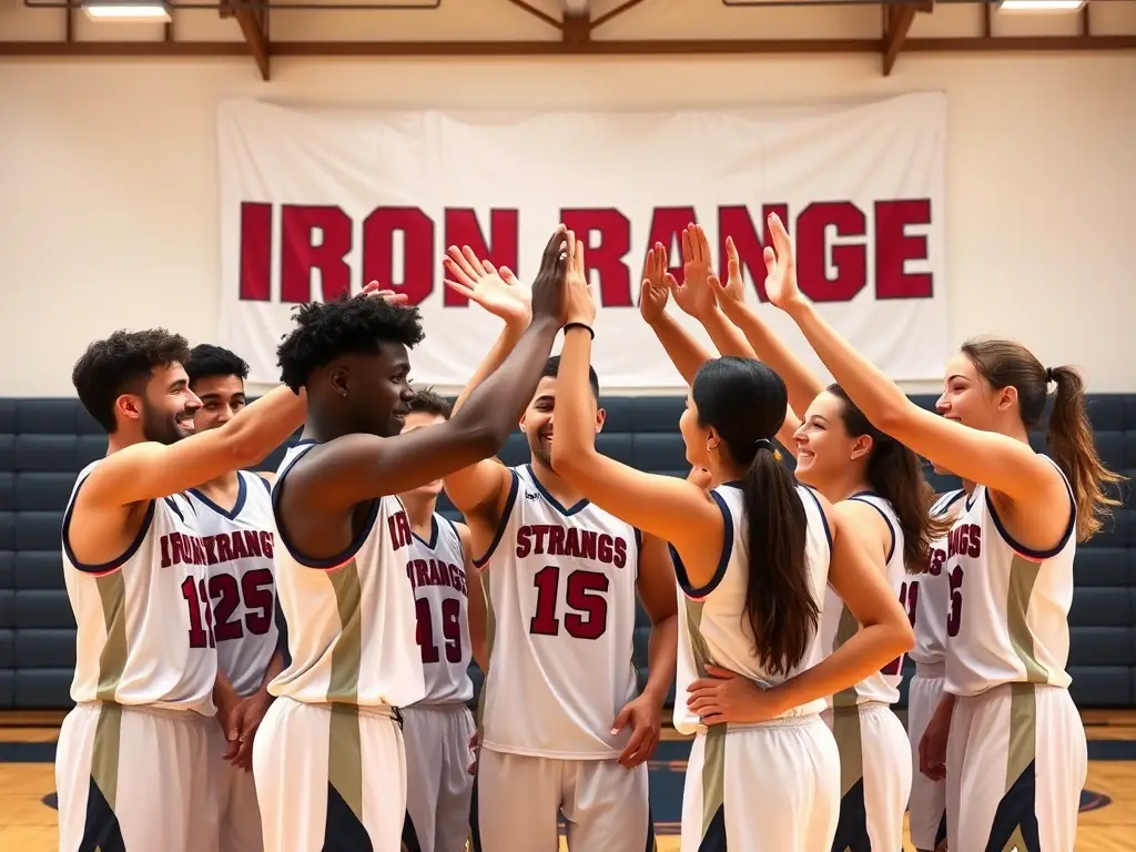 A diverse group of young basketball players are high-fiving each other after a successful drill during a training session at OGS Olympique Grande Synthe, showcasing teamwork and camaraderie.