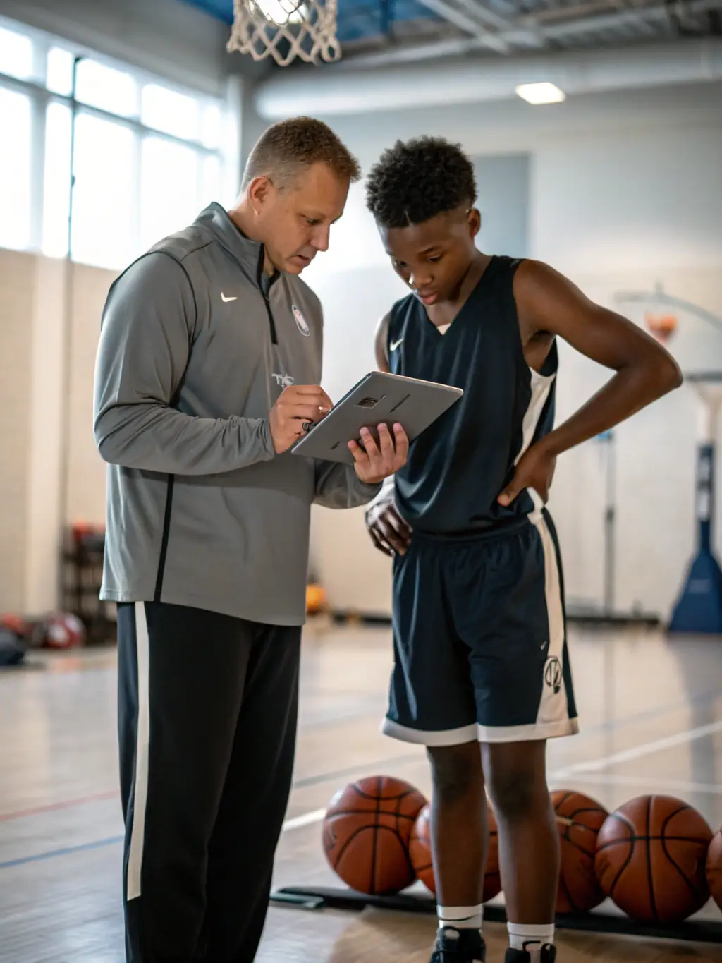 A coach demonstrating a shooting technique to a teenage basketball player at an OGS training camp, emphasizing proper form and technique.