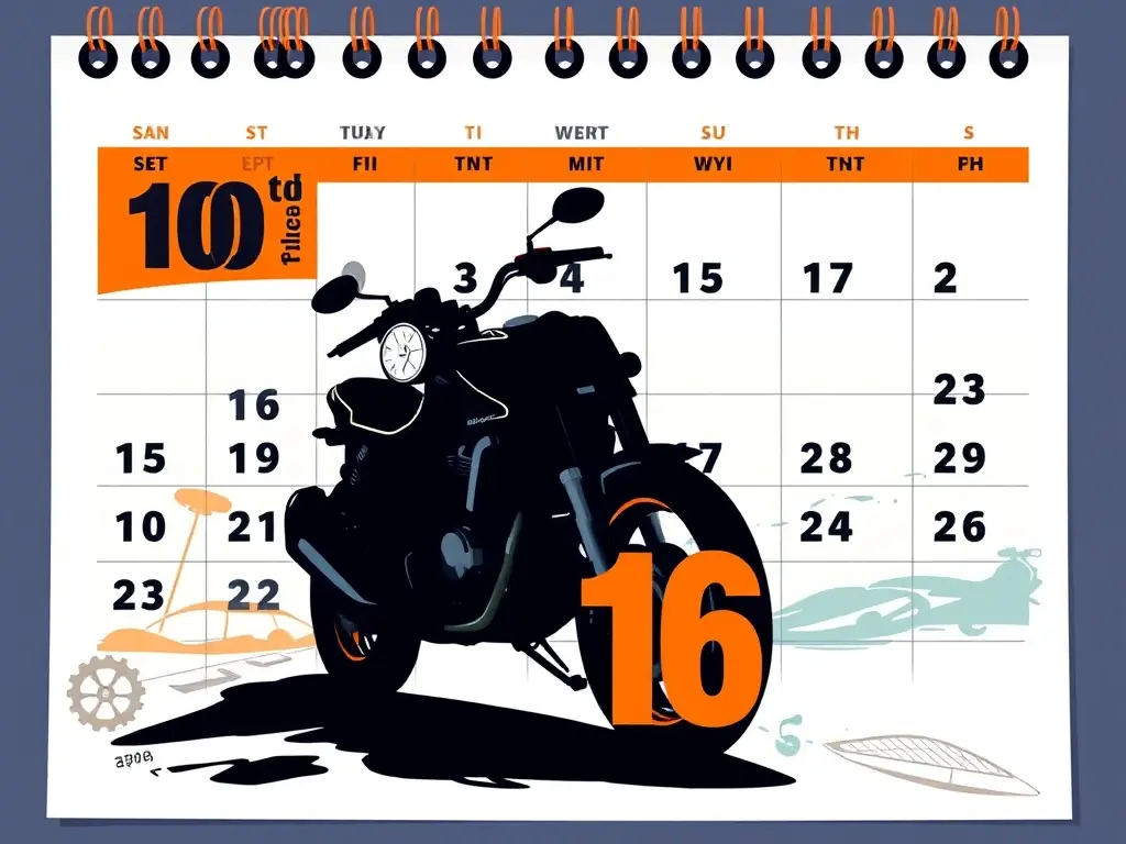 A calendar illustration marking the date of the next motorcycle event, with a motorcycle silhouette in the background.