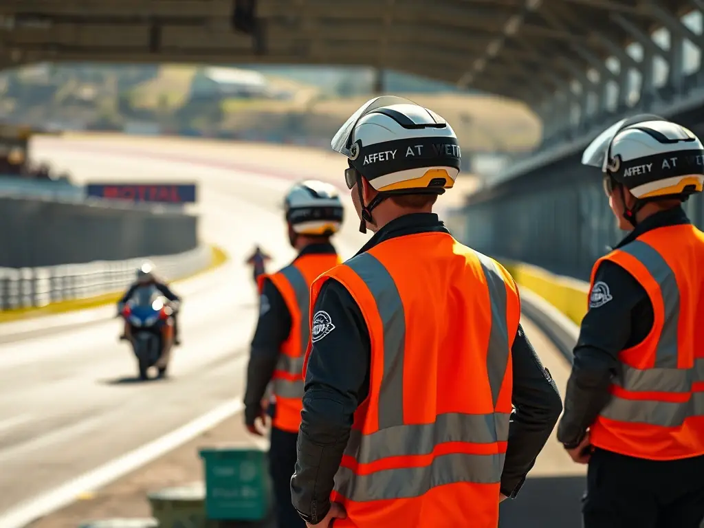 A dynamic image showcasing THIERACHE SECURITE MOTO personnel providing safety supervision at a motorcycle race event, with clear visibility of safety gear and organized track management.