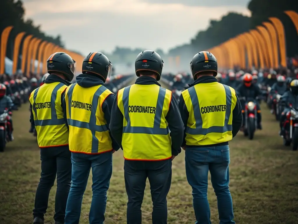 A team of safety coordinators overseeing a motorcycle rally, with riders wearing safety gear and organized in a structured manner, emphasizing the importance of safety supervision at events.