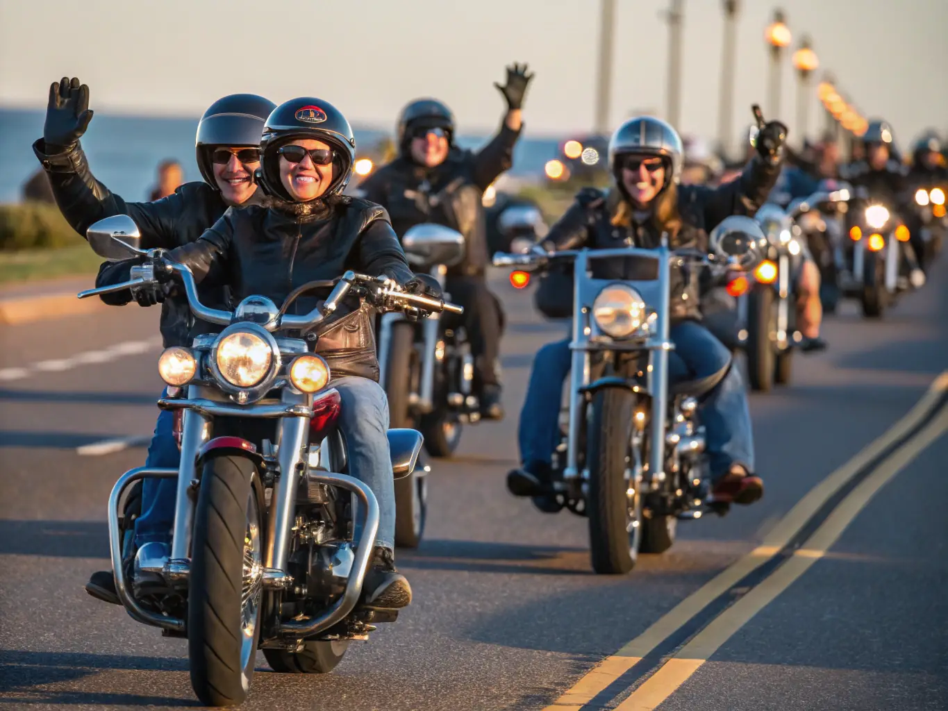 A group of motorcyclists riding together through scenic routes, enjoying a community rally, showcasing the fun and community spirit of organized rides.